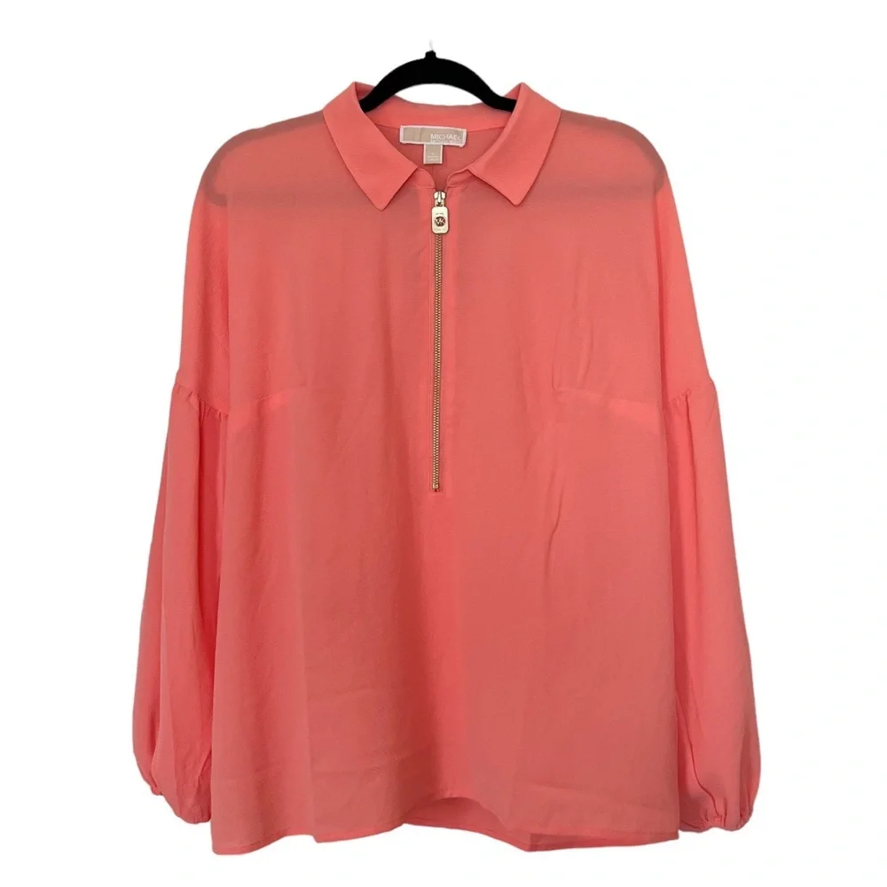 Michael Kors Grapefruit Pink Balloon Sleeve Zip Popover Blouse Business Casual L